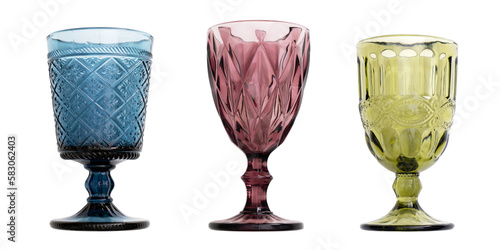 Stylish glasses for a restaurant for different drinks, transparent background, isolate . photo