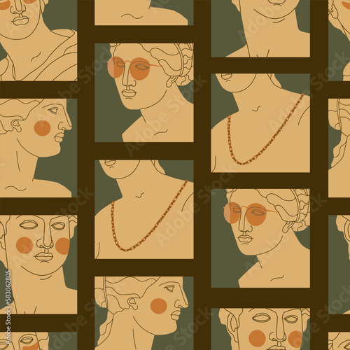 Ancient Greek sculptures of the goddess, heroes, men and women. Antique sculpture with modern elements - glasses, patches, gold chain. Vector seamless pattern.