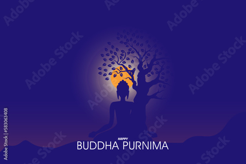 illustration of Buddhist meditation under a tree night time