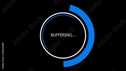 Rotating circles and semicircles with inscription BUFFERING. Software program updating in a circle on black background. 3D animation