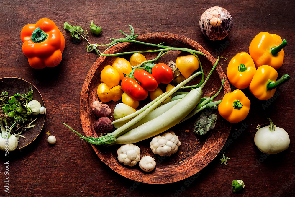 Composition of vegetables, concept healthy diet and lose weight. Generate by ai Composition of vegetables, concept healthy diet and lose weight. Generate by ai