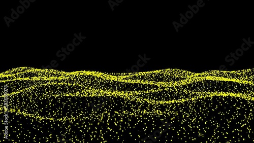 Slow waves in Yellow 3D particle net with reduced depth of field in Black space as abstract background	