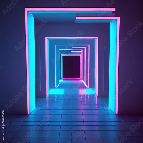 Light in the tunnel  square format. Neon Light. Generative AI 