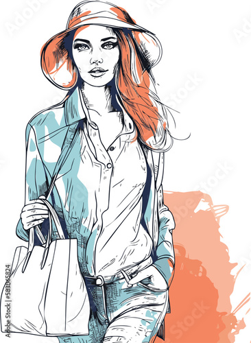Young woman in a hat, sketch, fashion illustration. 