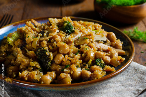 Quinoa with Chickpea, Mushrooms, and Broccoli, Healthy Meal, Vegetarian Food, Rustic Background