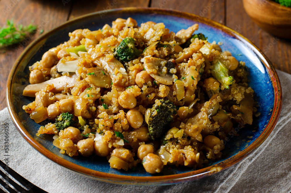 Quinoa with Chickpea, Mushrooms, and Broccoli, Healthy Meal, Vegetarian Food, Rustic Background Quinoa with Chickpea, Mushrooms, and Broccoli, Healthy Meal, Vegetarian Food, Rustic Background