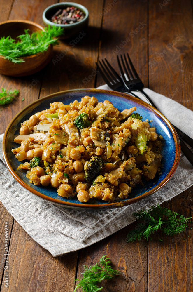 Quinoa with Chickpea, Mushrooms, and Broccoli, Healthy Meal, Vegetarian Food, Rustic Background Quinoa with Chickpea, Mushrooms, and Broccoli, Healthy Meal, Vegetarian Food, Rustic Background