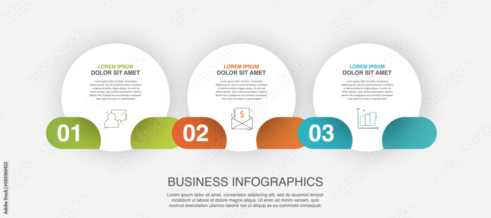 Infographic vector template for business. 3D paper label with three circles and steps. Flat modern timeline for content, diagram, presentation, workflow, chart.