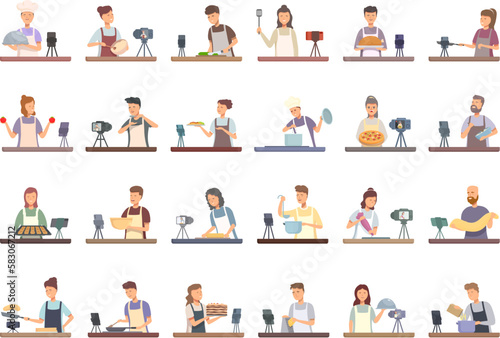 Culinary blog icons set cartoon vector. Business food. Family kitchen