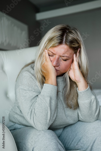 Unhappy woman thinking about health problems. Mental health overweight problems.