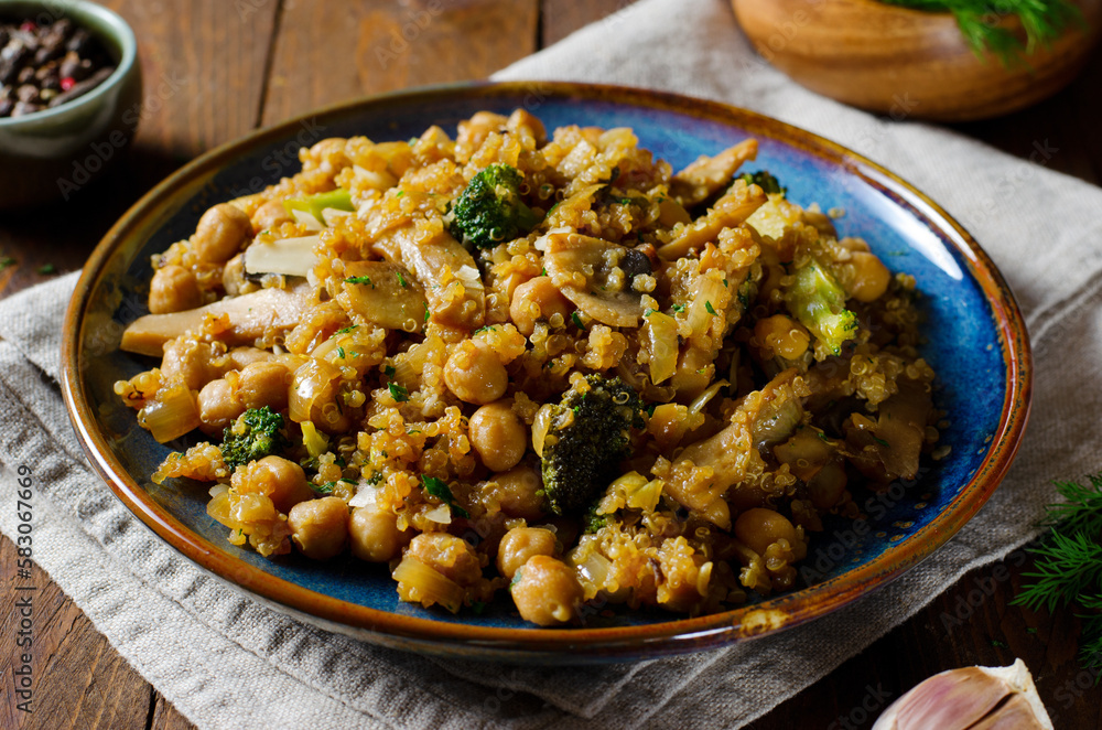 Quinoa with Chickpea, Mushrooms, and Broccoli, Healthy Meal, Vegetarian Food, Rustic Background Quinoa with Chickpea, Mushrooms, and Broccoli, Healthy Meal, Vegetarian Food, Rustic Background
