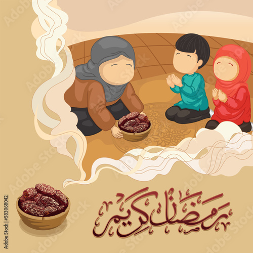 Hand drawn iftar muslim family illustration