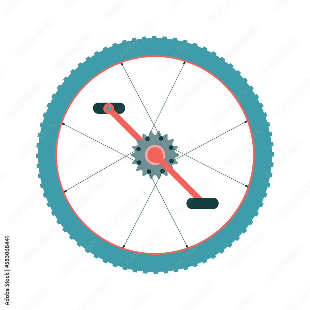 Bike wheel with chain ring and break pedals icon. Sport gear spare parts. Cycling equipment sign. Vector illustration. Bike wheel with chain ring and break pedals icon. Sport gear spare parts. Cycling equipment sign. Vector illustration.