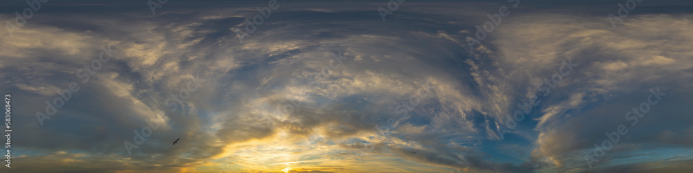 Dramatic sunset sky panorama with Cumulus clouds. Seamless hdr 360 pano in spherical equirectangular format. Complete zenith for 3D visualization, game and sky replacement for aerial drone panoramas