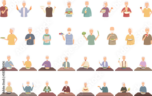 Senior people eat healthy food icons set cartoon vector. Old woman. Happy health