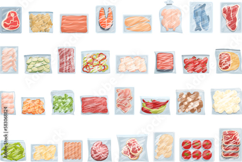 Frozen food icons set cartoon vector. Chicken bag. Vegetable product