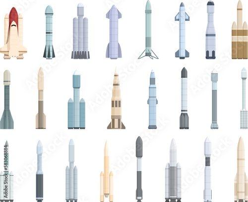 Reusable space rockets icons set cartoon vector. Shuttle travel. Science future