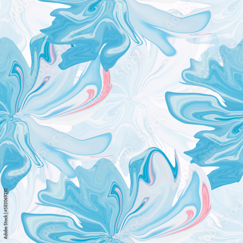 Seamless pattern of abstract decorative flowers with blue and pink stripes, creative hand painted background, brush texture.