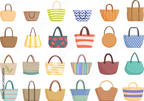 Beach bag icons set cartoon vector. Summer fashion. Travel girl