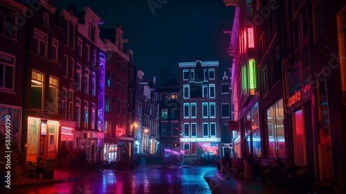 Neon Nights: An Artistic Rendering of Amsterdam's Bustling Streets Transformed into a Futuristic Cityscape by Generative AI