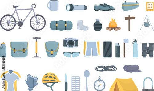 Bike trip icons set cartoon vector. Camp tool. Safety travel