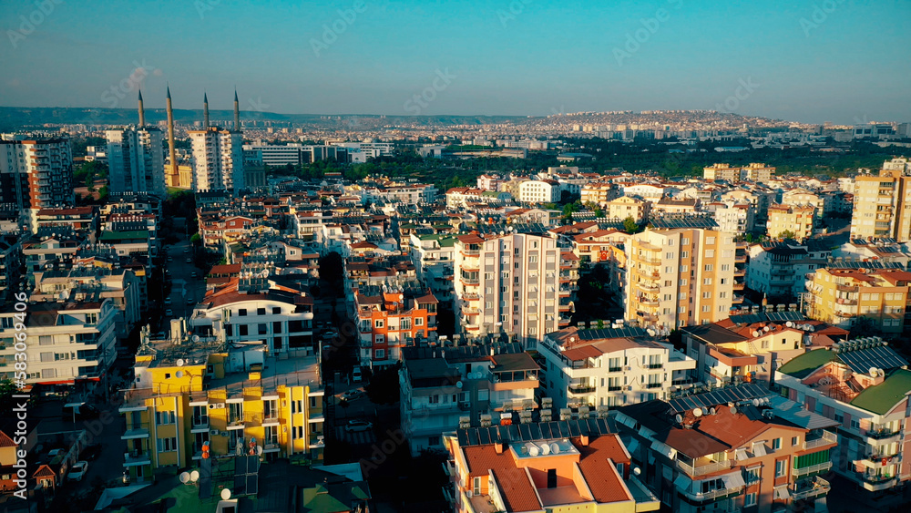 Naklejka premium Aerial view of modern city buildings. European town apartments from above. Economic district of downtown.