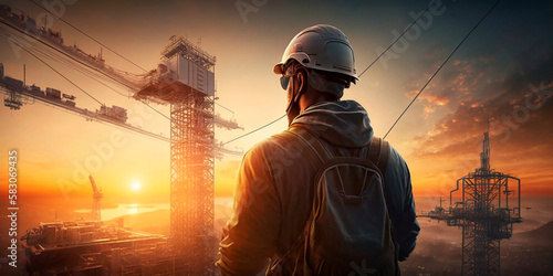 Man builder in helmet and work clothes builds a multi-story building view from the back and looks at the sunset, the safety of work insurance, industry. Generative AI. © VICHIZH