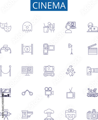 Cinema line icons signs set. Design collection of Film, Theater, Movie, Showing, Screening, Projection, Reel, Playback outline concept vector illustrations