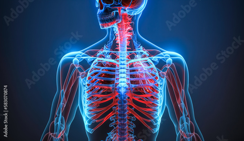 Human skeleton, circulatory system and bones concept, generative AI.
