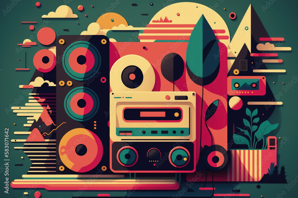 Flat retro design: Vintage music player and musical mood | Generative AI Production