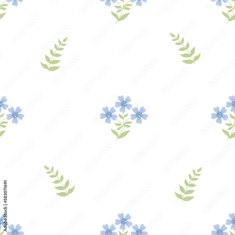 Floral seamless pattern with blue decorative cornflower on white background. Vector illustration. Botanical pattern for decor, design, packaging, wallpaper, textile and print.