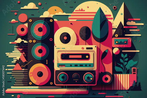 Flat retro design  Vintage music player and musical mood   Generative AI Production