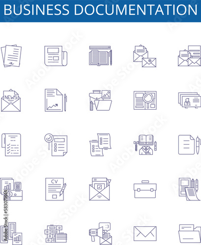 Business documentation line icons signs set. Design collection of Business, Documentation, Reports, Policies, Guidelines, Contracts, Agreements, Procedures outline concept vector illustrations
