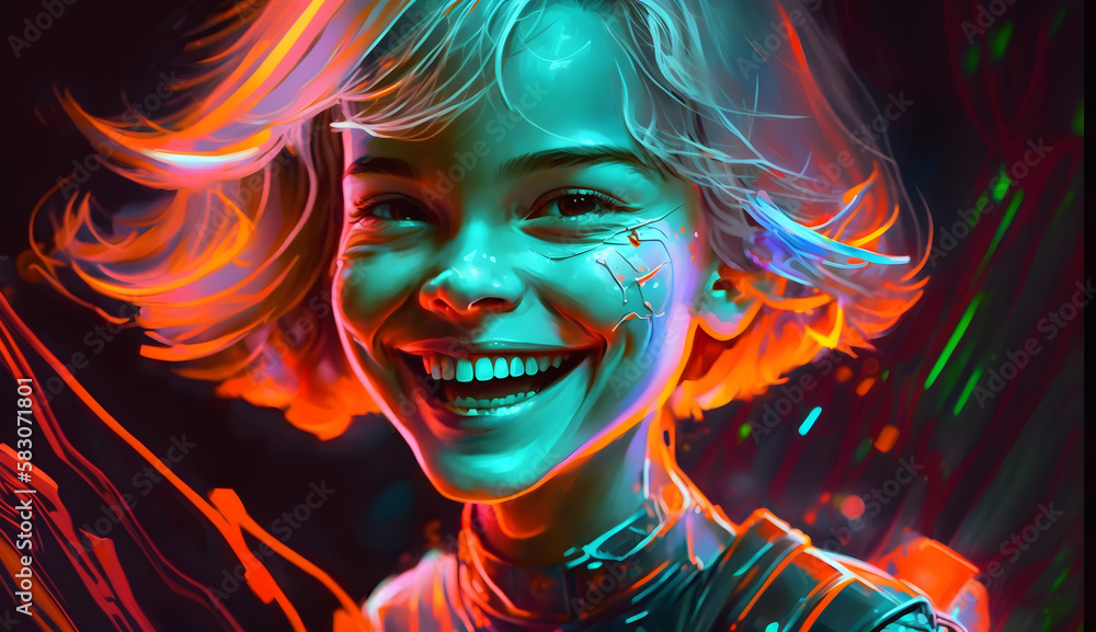portrait of a girl with a hair, A smiling girl, illustration, futurism, Generative AI