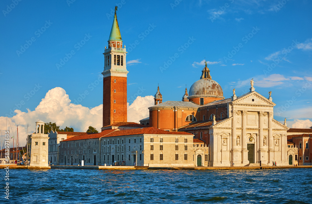 Panoramic View at island and Basilica di San Giorgio Maggiore. Venice Italy. Sunset over old town Adriatic Sea. Famous location in Venezia from Saint Mark square