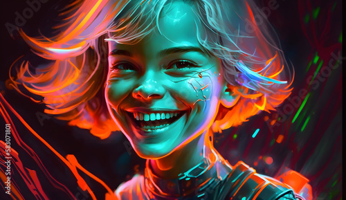 portrait of a girl with a hair, A smiling girl, illustration, futurism, Generative AI