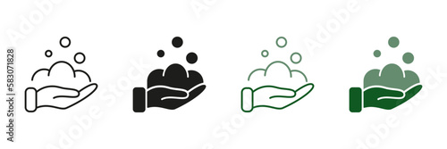 Prevention, Care and Protection Health. Washing Hands with Soap Symbol Collection. Human Hand, Soap Foam and Bubbles Line and Silhouette Icon Set. Isolated Vector illustration