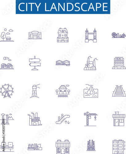 City landscape line icons signs set. Design collection of Urban, skyline, streetscape, skyline, architecture, metropolis, vista, hustle outline concept vector illustrations