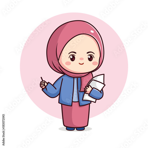 Cute hijab girl business woman with paper and pen kawaii chibi