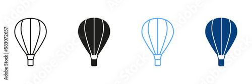 Hot Air Balloon with Basket Line and Silhouette Color Icon Set. Fly Hotair Ballon for Sky Journey Outline and Solid Symbol Collection. Flight Baloon for Travel Pictogram. Isolated Vector Illustration