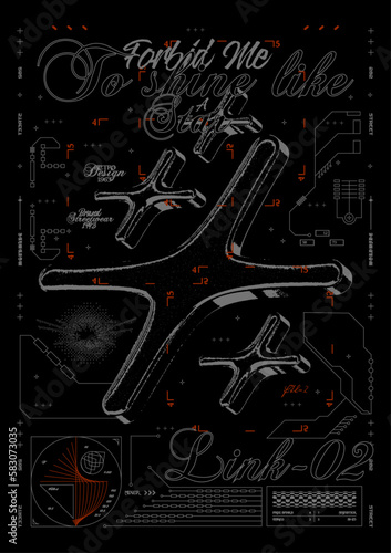 Retro poster with 3D stars. Techno print with paper texture for streetwear, for jacket, t-shirt or sweatshirt Isolated on black background