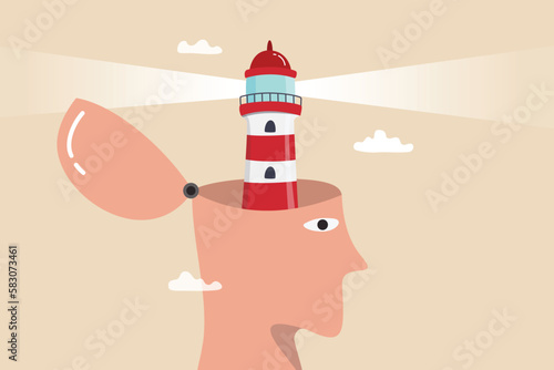 Vision to see direction, enlightenment or wisdom to discover new knowledge, solution or insight, guidance or searching concept, head with light house shining bright light to see and find guidance.
