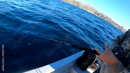 Angler reels in bent rod fighting large fish off mexico coast photo