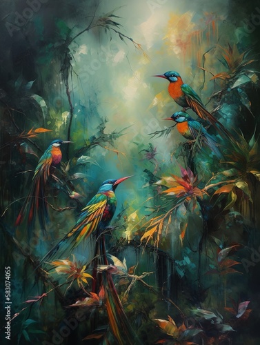 Bird of paradise in the forest with leaves and flowers illustration painting , Generative AI © YandiDesigns
