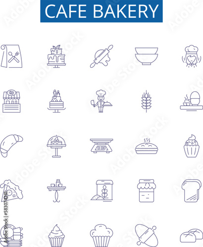 Cafe bakery line icons signs set. Design collection of Cafe, Bakery, Coffee, Pastries, Cupcakes, Cookies, Breads, Cakes outline concept vector illustrations