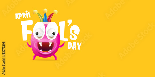 April Fools day funky horizontal banner with silly pink clown monster character isolated on orange background. 1 st april fool day banner, poster, label, flyer and greeting card. Fool day print
