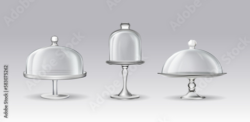 Set of cake stand. 3d realistic vector icon illustration. Transparent glass cloche.