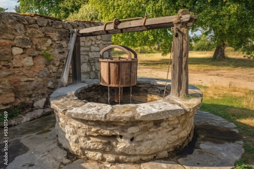Stone water well with bucket and pulley. Generative AI