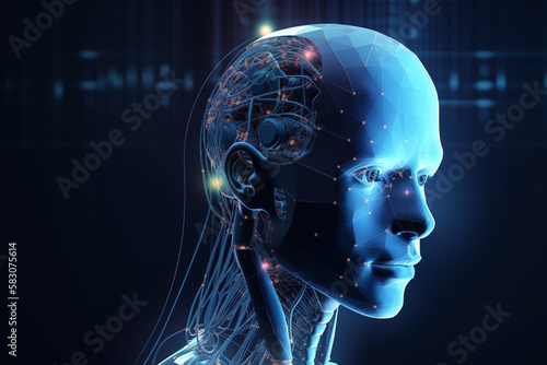 Concept of system artificial intelligence chatGPT, chat bot AI. Advanced futuristic smart technology application software. Humanoid, cyborg, robot.