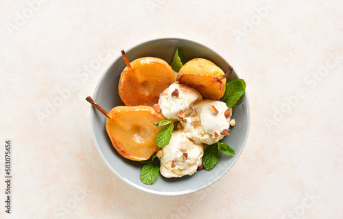 Vanilla poached pears with ice cream